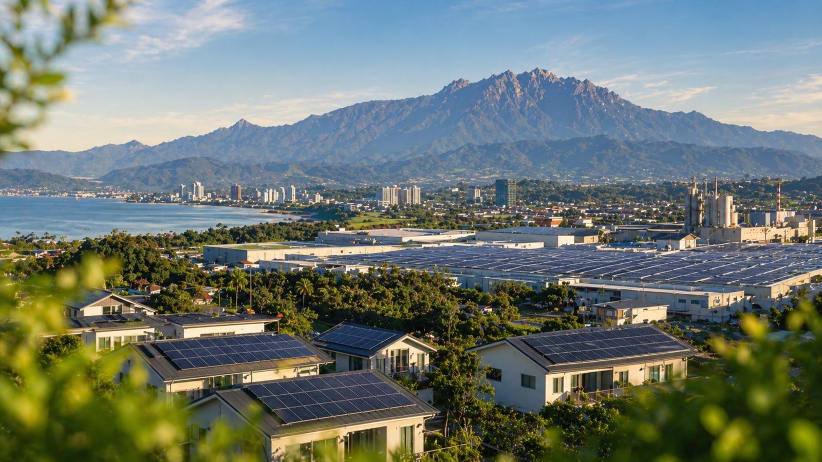 Easy Solar across Sabah — Mt Kinabalu, Kota Kinabalu city, factory rooftops and homes with solar.