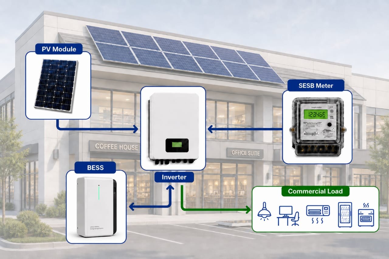 BESS hybrid system: PV Module → Inverter → BESS + SESB Meter → Commercial Load (mixed-use building)