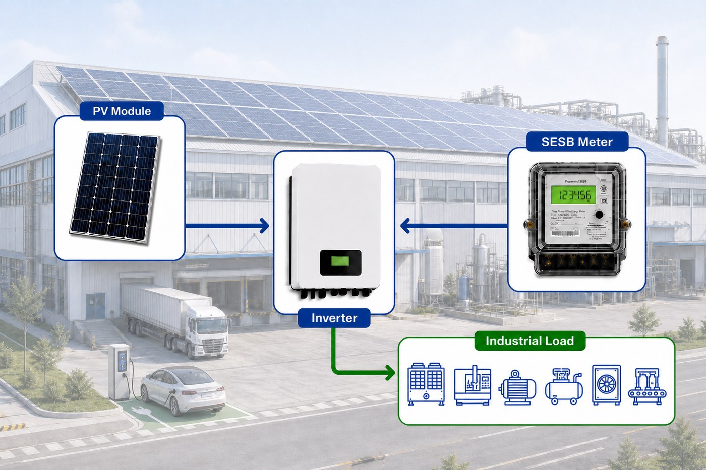 Commercial SELCO system: PV Module → Inverter → SESB Meter → Industrial Load (factory operations)