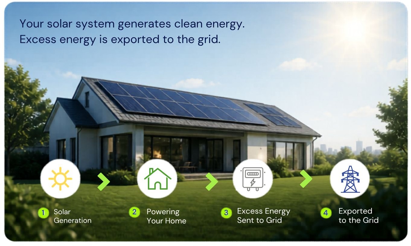 Daytime: your solar system generates clean energy and exports excess to the grid.