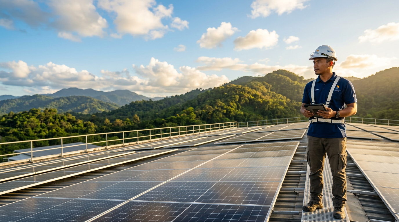 Easy Solar engineer inspecting solar panels on a commercial rooftop in Sabah
