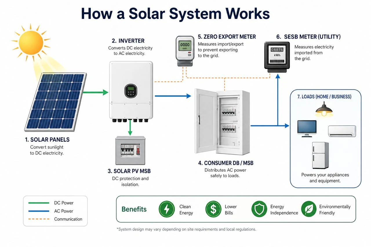 How a solar system works: 7-component diagram showing power flow from Solar Panels → Inverter → Solar PV MSB → Consumer DB/MSB → Loads, with Zero Export Meter and SESB Utility Meter managing grid import.